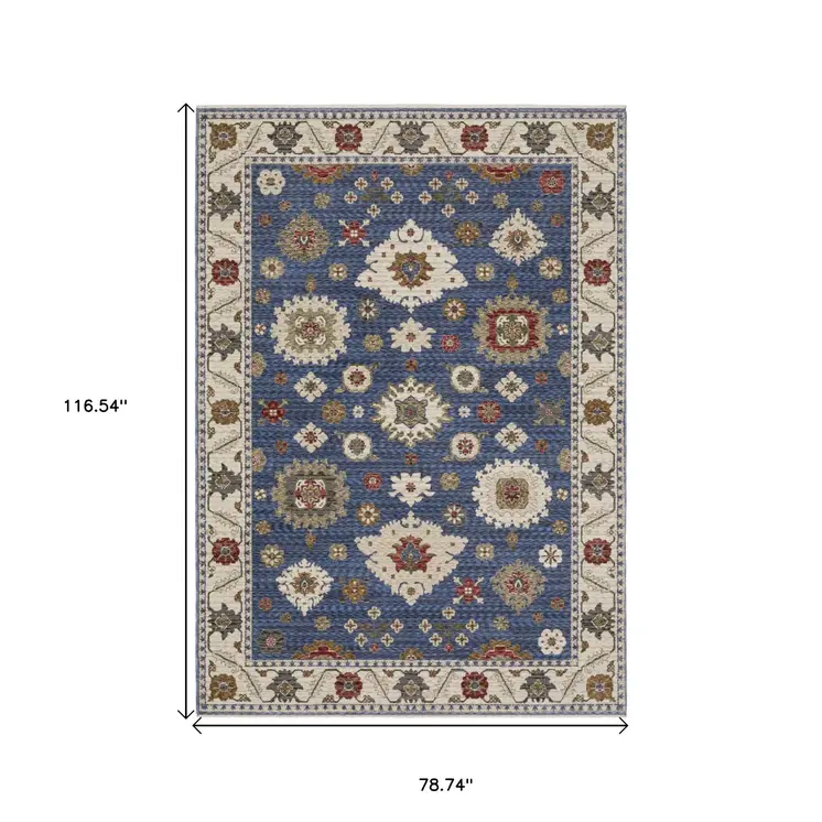 7' X 10' Blue And Ivory Floral Area Rug With Fringe