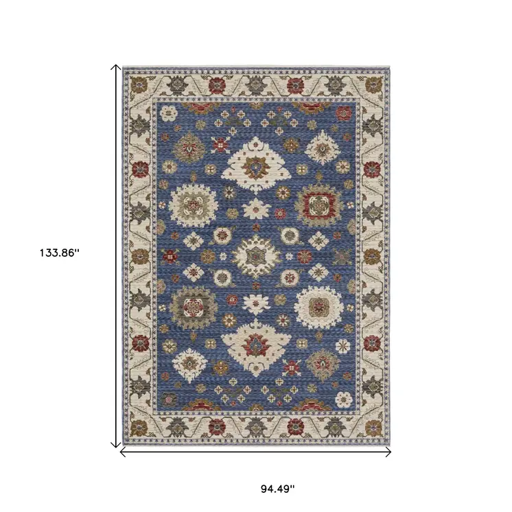 8' X 11' Blue And Ivory Floral Area Rug With Fringe