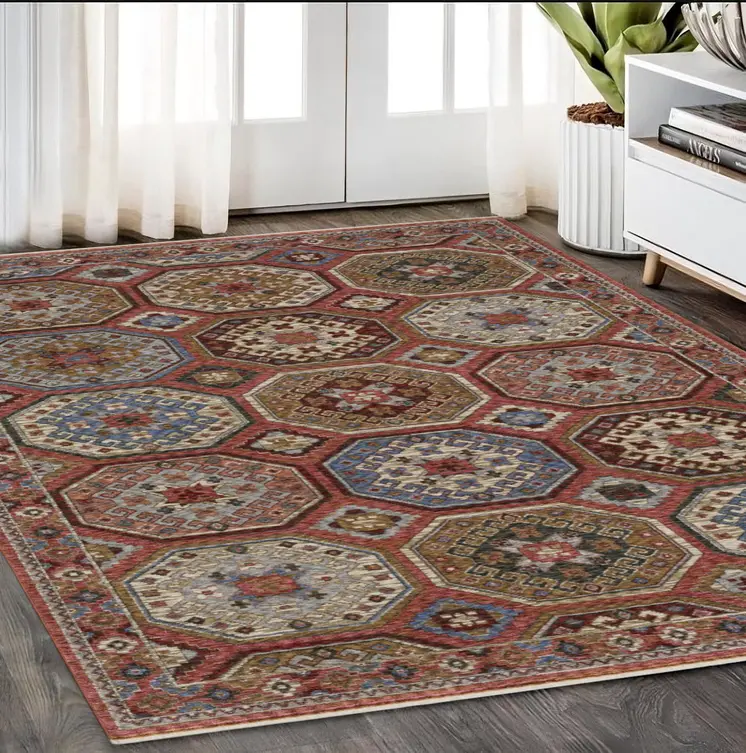 5' X 8' Pink And Red Medallion Area Rug With Fringe