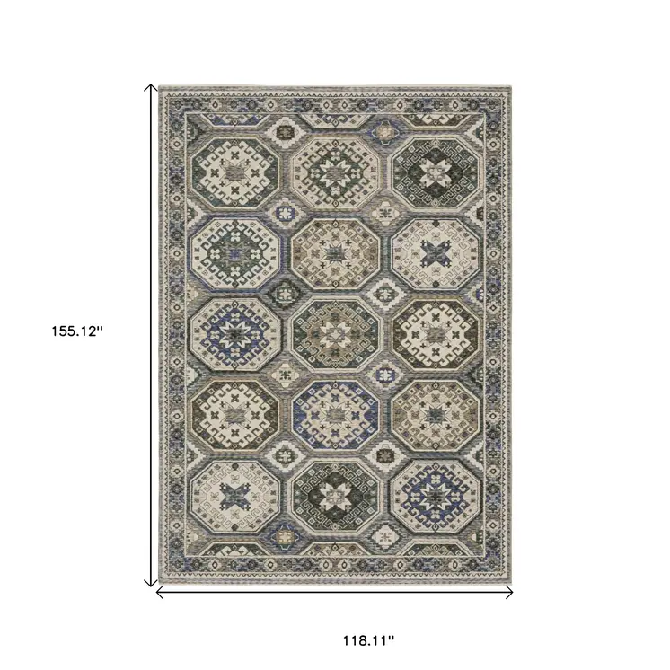 10' X 13' Ivory And Blue Medallion Area Rug With Fringe