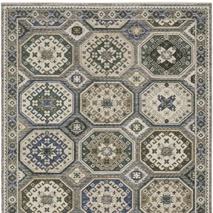 4' X 6' Ivory And Blue Medallion Area Rug With Fringe