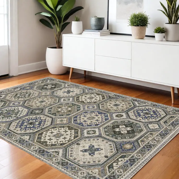 4' X 6' Ivory And Blue Medallion Area Rug With Fringe