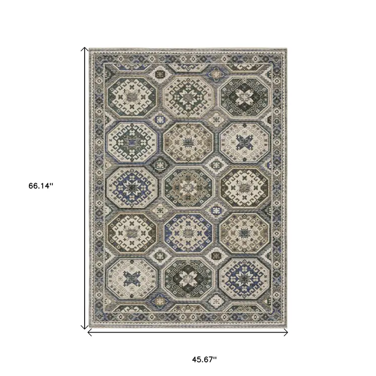 4' X 6' Ivory And Blue Medallion Area Rug With Fringe