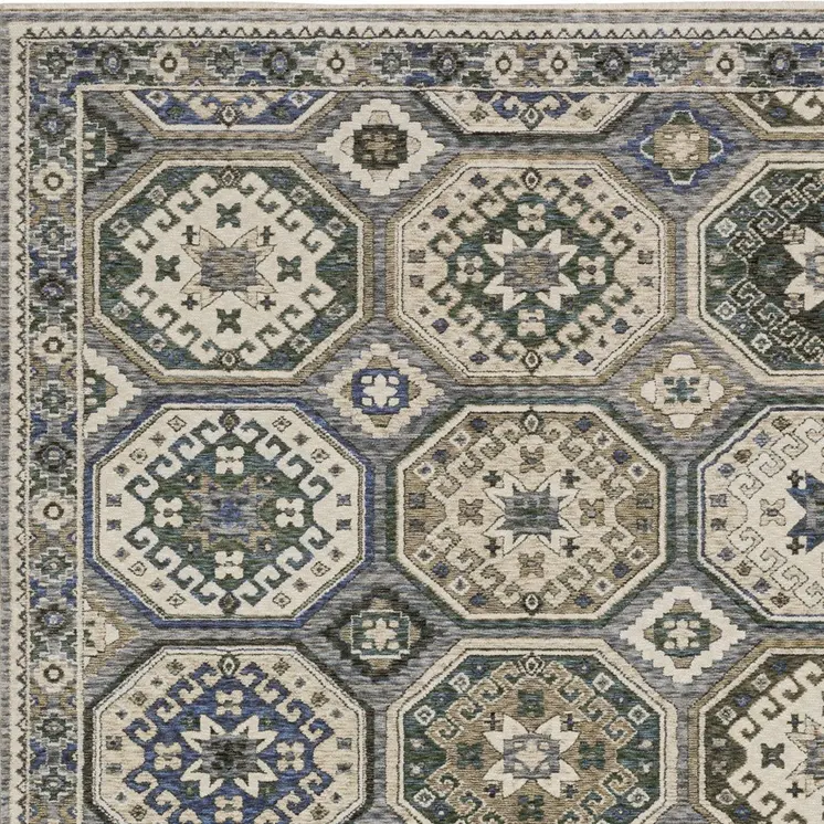 5' X 8' Ivory And Blue Medallion Area Rug With Fringe