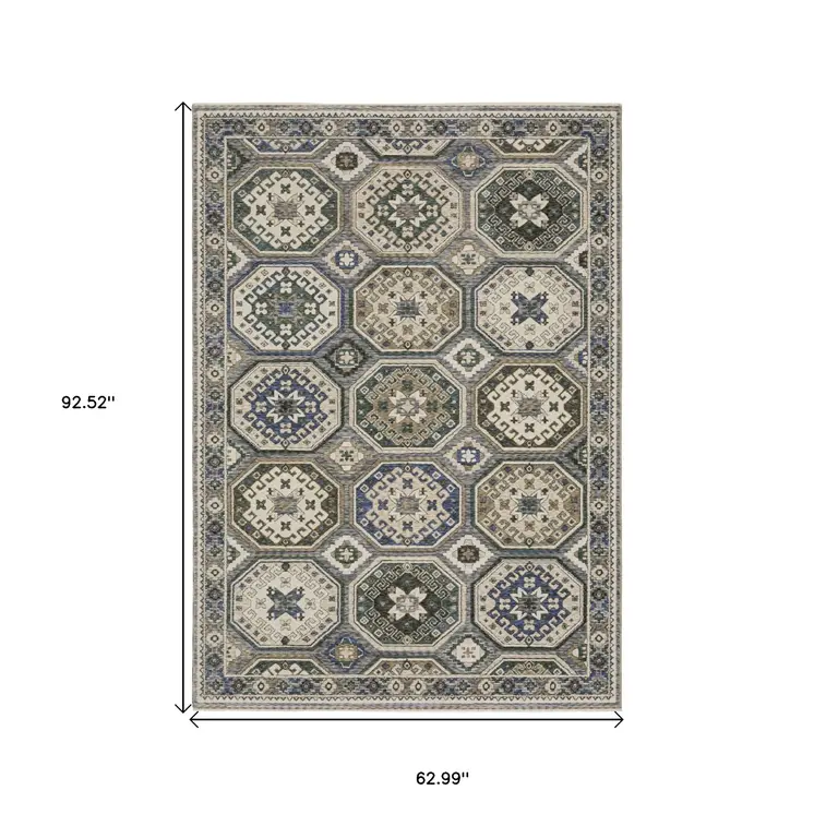 5' X 8' Ivory And Blue Medallion Area Rug With Fringe