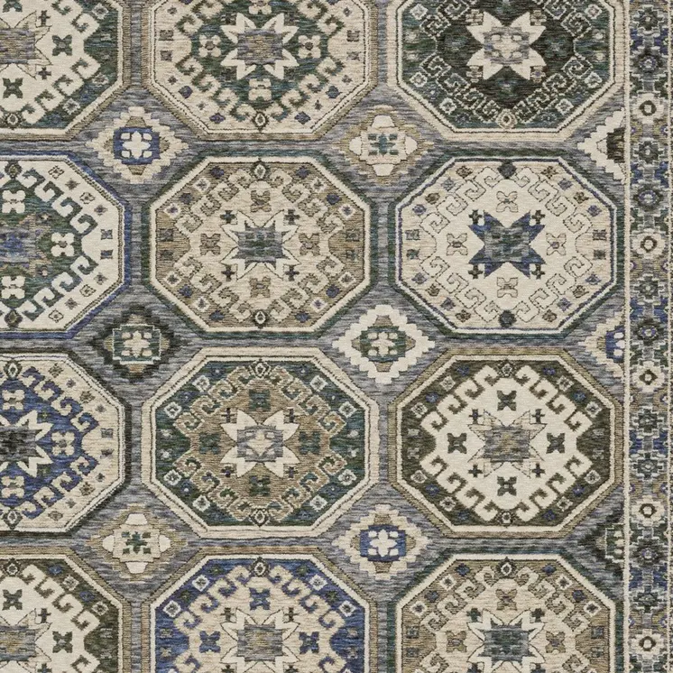 7' X 10' Ivory And Blue Medallion Area Rug With Fringe
