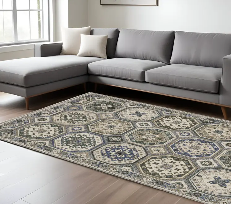 7' X 10' Ivory And Blue Medallion Area Rug With Fringe