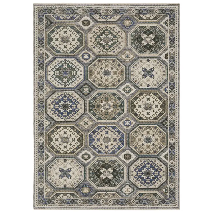 7' X 10' Ivory And Blue Medallion Area Rug With Fringe
