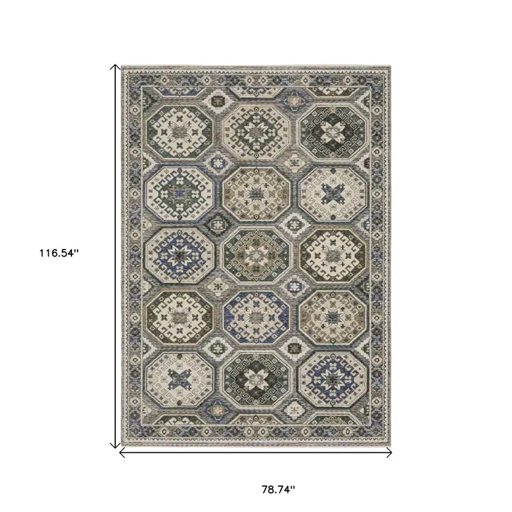 7' X 10' Ivory And Blue Medallion Area Rug With Fringe