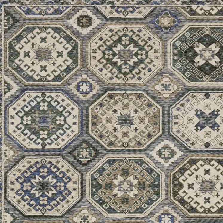 8' X 11' Ivory And Blue Medallion Area Rug With Fringe