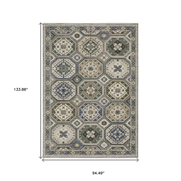 8' X 11' Ivory And Blue Medallion Area Rug With Fringe