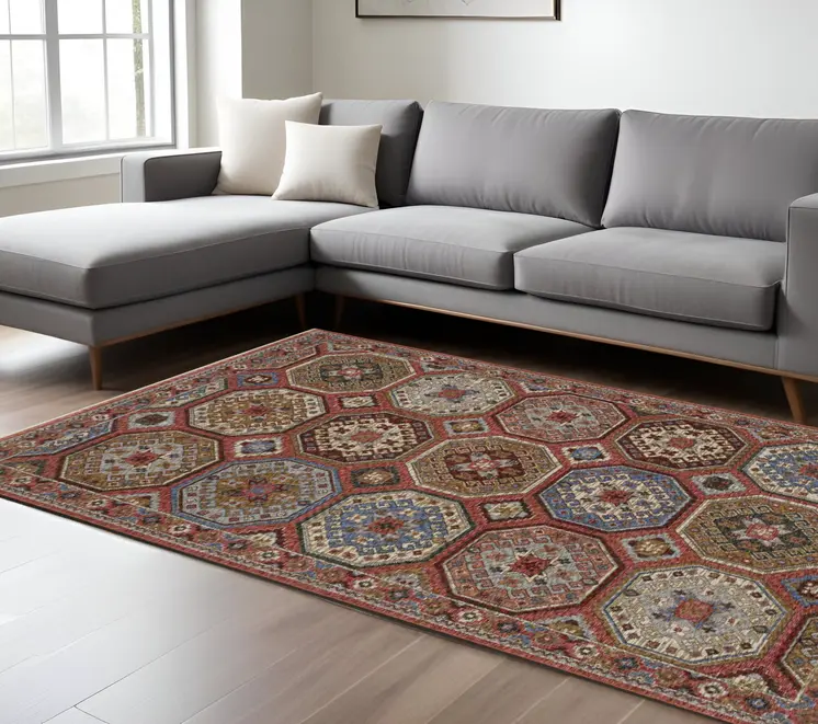 7' X 10' Pink And Red Medallion Area Rug With Fringe