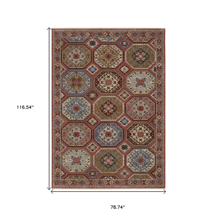 7' X 10' Pink And Red Medallion Area Rug With Fringe