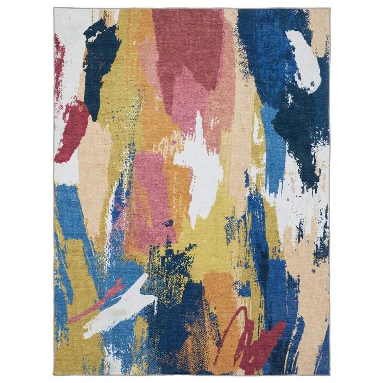 8' X 10' Blue And Gold Abstract Distressed Area Rug