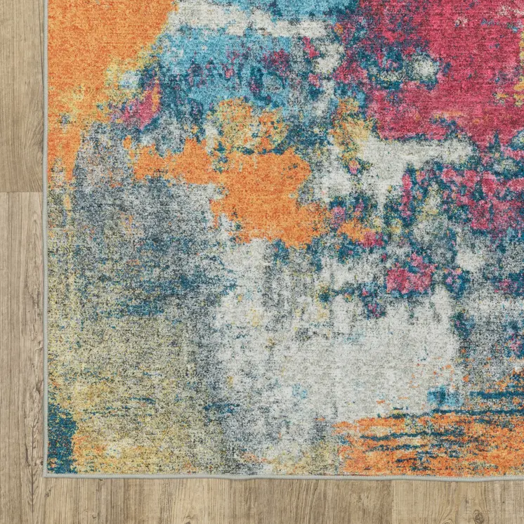 4' X 6' Blue Yellow And Red Abstract Distressed Area Rug