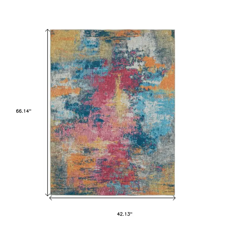 4' X 6' Blue Yellow And Red Abstract Distressed Area Rug