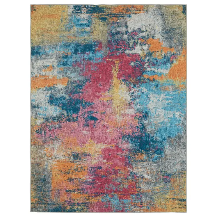 8' X 10' Blue Yellow And Red Abstract Distressed Area Rug