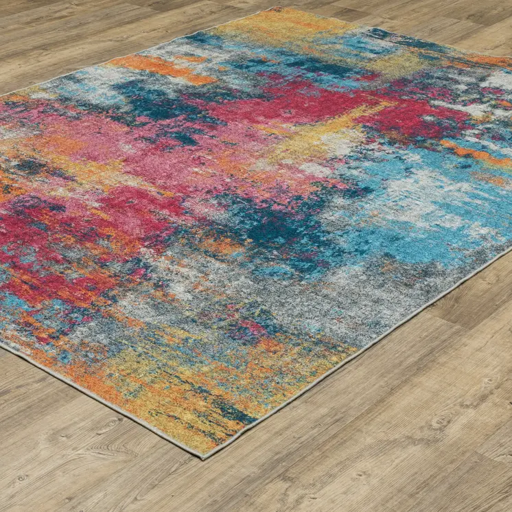 8' X 10' Blue Yellow And Red Abstract Distressed Area Rug