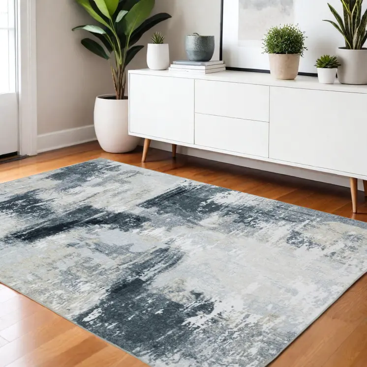 4' X 6' Ivory And Gray Abstract Distressed Area Rug