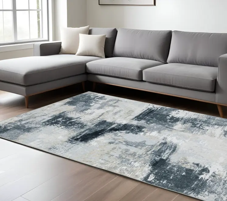 8' X 10' Ivory And Gray Abstract Distressed Area Rug