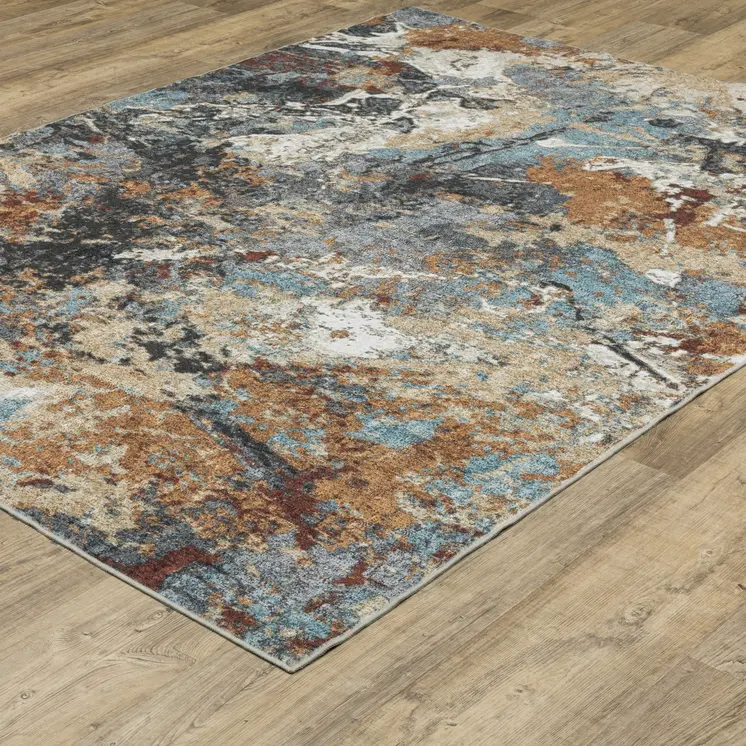 5' X 7' Blue And Rust Abstract Distressed Area Rug
