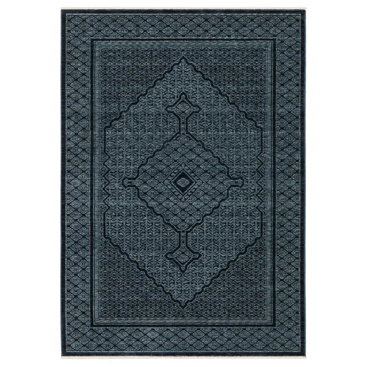 7' X 10' Blue And Teal Medallion Area Rug With Fringe