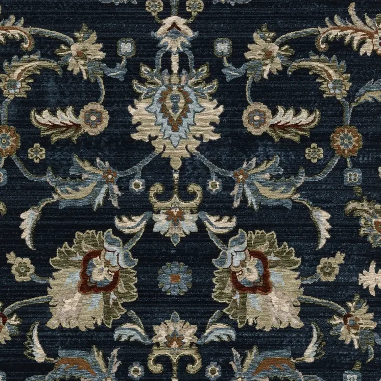 5' X 8' Dark Blue Tan And Green Oriental Area Rug With Fringe