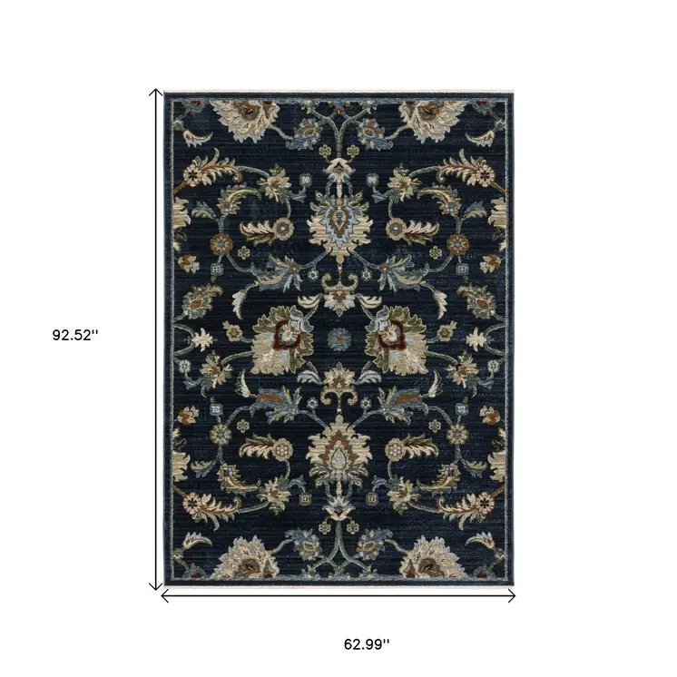 5' X 8' Dark Blue Tan And Green Oriental Area Rug With Fringe