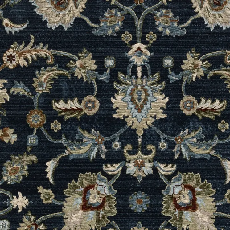 10' X 13' Dark Blue Tan And Green Oriental Area Rug With Fringe