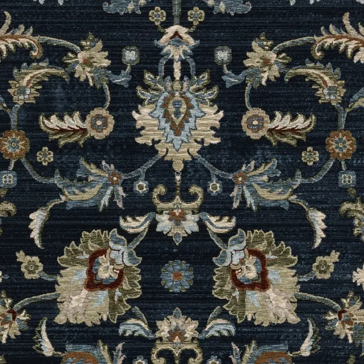 7' X 10' Dark Blue Tan And Green Oriental Area Rug With Fringe