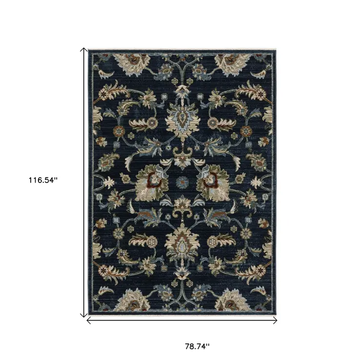 7' X 10' Dark Blue Tan And Green Oriental Area Rug With Fringe