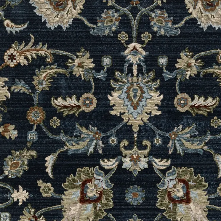 8' X 11' Dark Blue Tan And Green Oriental Area Rug With Fringe