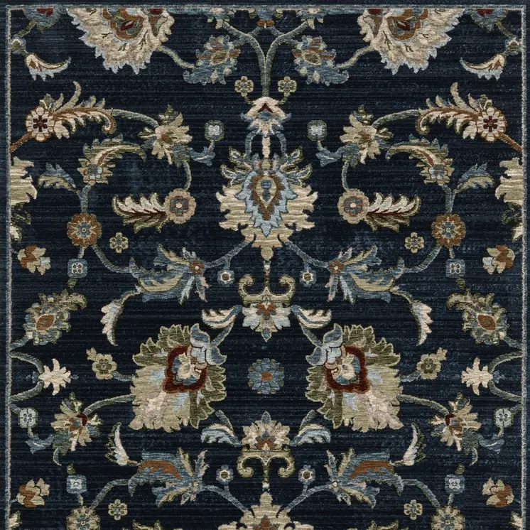 8' X 11' Dark Blue Tan And Green Oriental Area Rug With Fringe