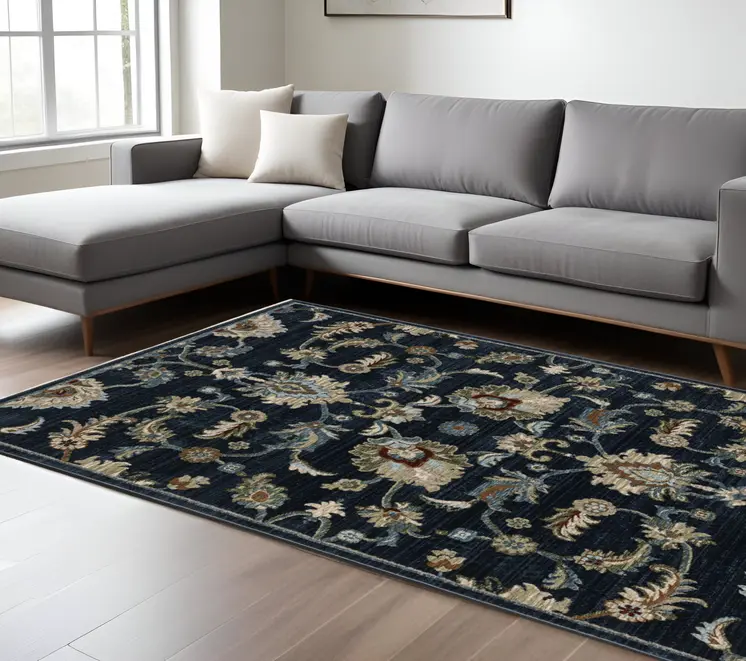 8' X 11' Dark Blue Tan And Green Oriental Area Rug With Fringe