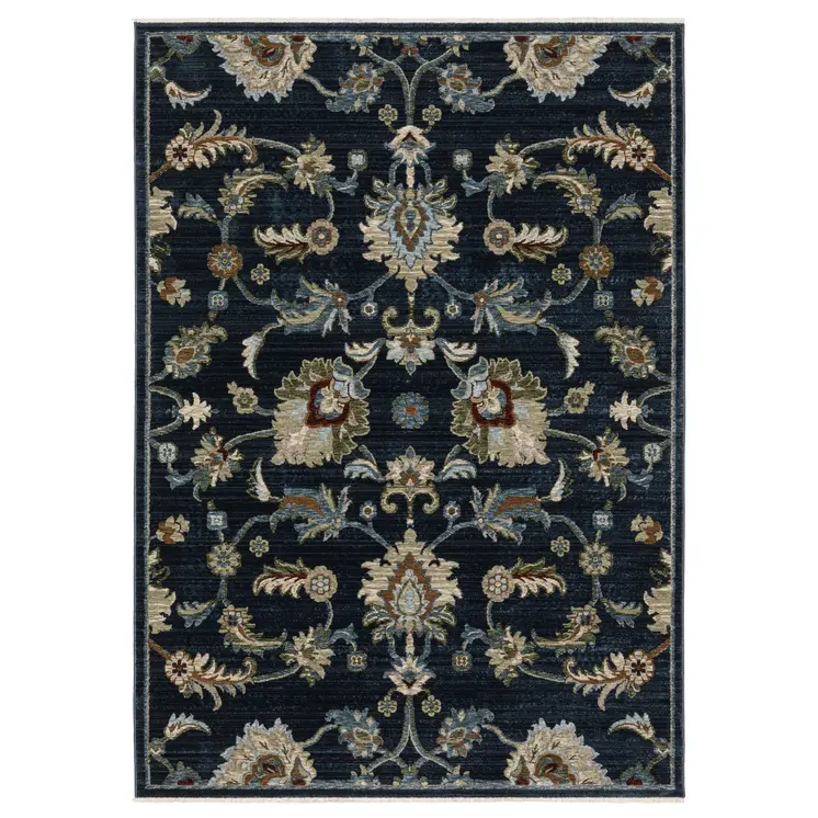 8' X 11' Dark Blue Tan And Green Oriental Area Rug With Fringe