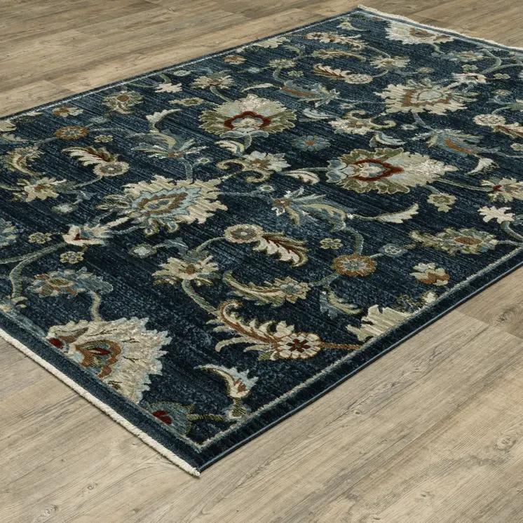 8' X 11' Dark Blue Tan And Green Oriental Area Rug With Fringe