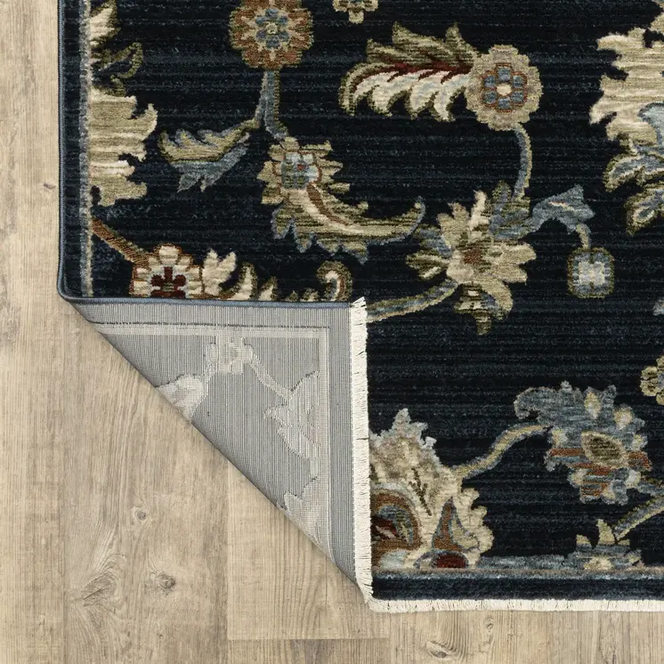 8' X 11' Dark Blue Tan And Green Oriental Area Rug With Fringe