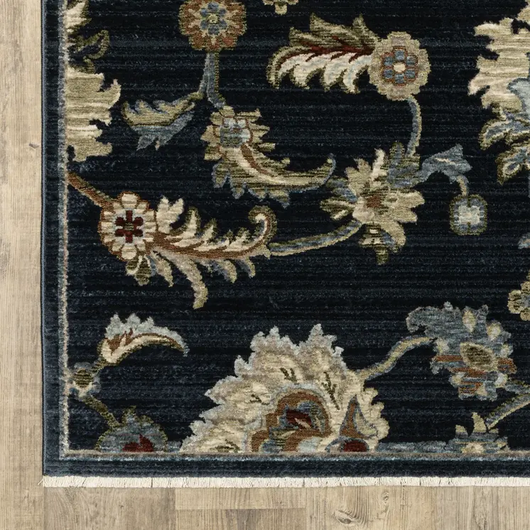 8' X 11' Dark Blue Tan And Green Oriental Area Rug With Fringe