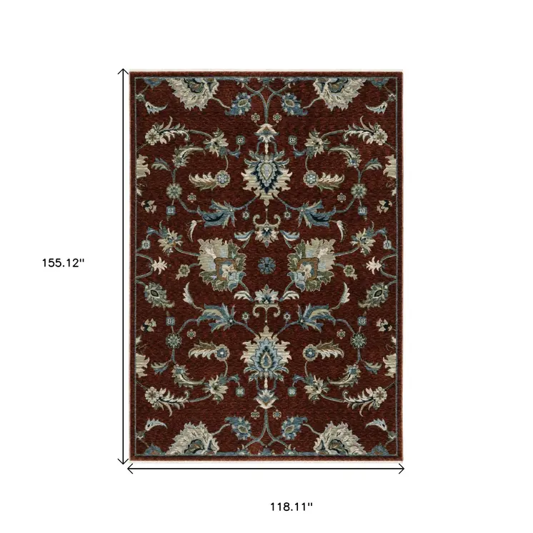 10' X 13' Red Ivory And Teal Oriental Area Rug With Fringe