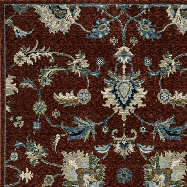 7' X 10' Red Ivory And Teal Oriental Area Rug With Fringe