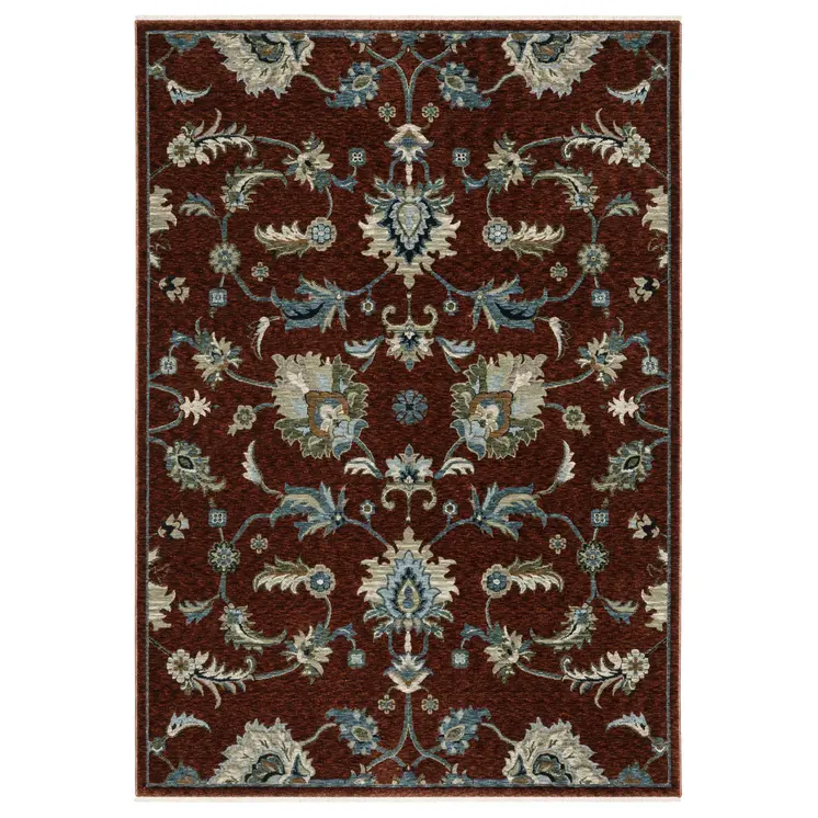 7' X 10' Red Ivory And Teal Oriental Area Rug With Fringe