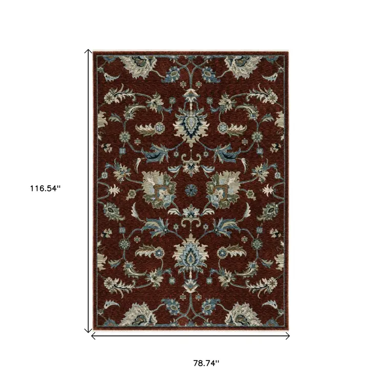7' X 10' Red Ivory And Teal Oriental Area Rug With Fringe