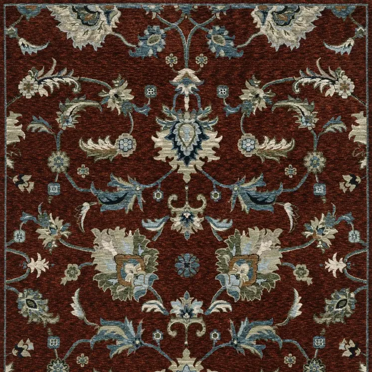 8' X 11' Red Ivory And Teal Oriental Area Rug With Fringe