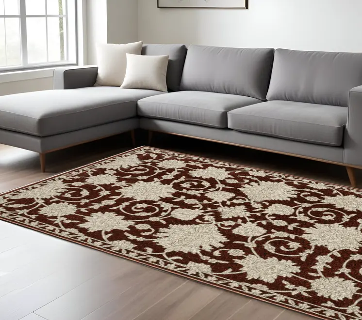 8' X 11' Beige Floral Area Rug With Fringe