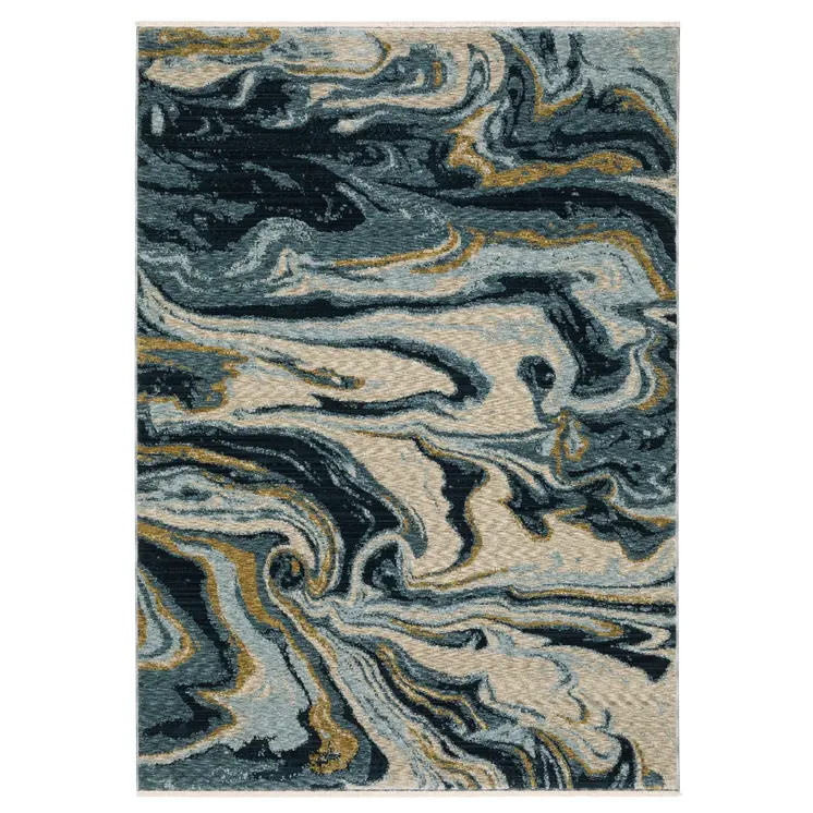 5' X 8' Navy Blue And Teal Abstract Area Rug With Fringe