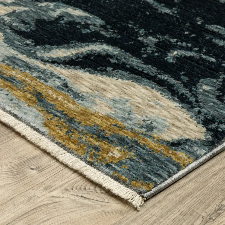 7' X 10' Navy Blue And Teal Abstract Area Rug With Fringe