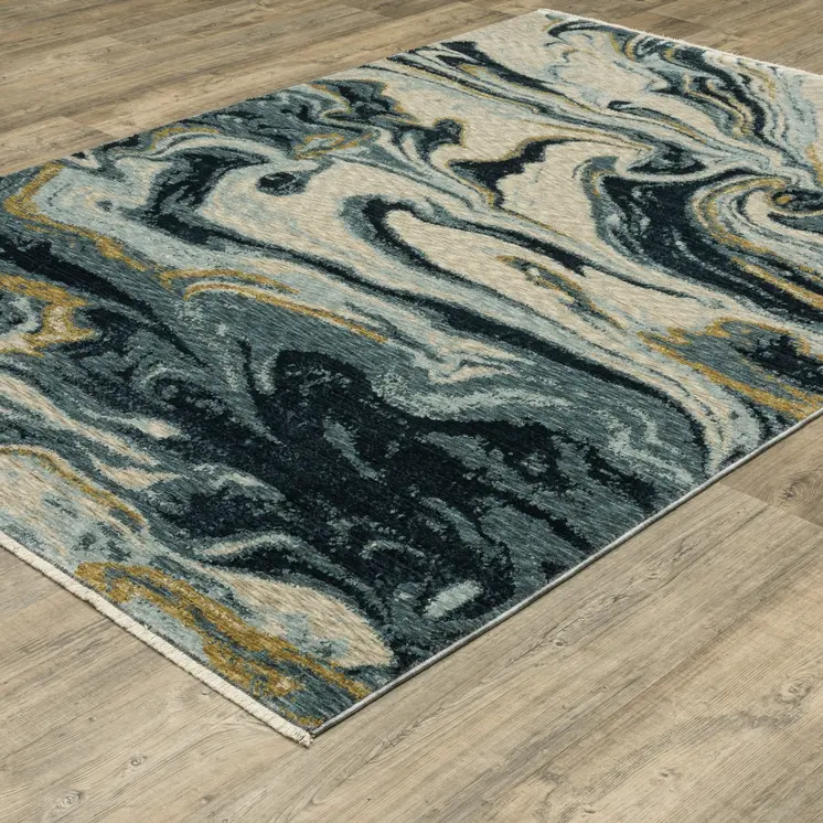 7' X 10' Navy Blue And Teal Abstract Area Rug With Fringe