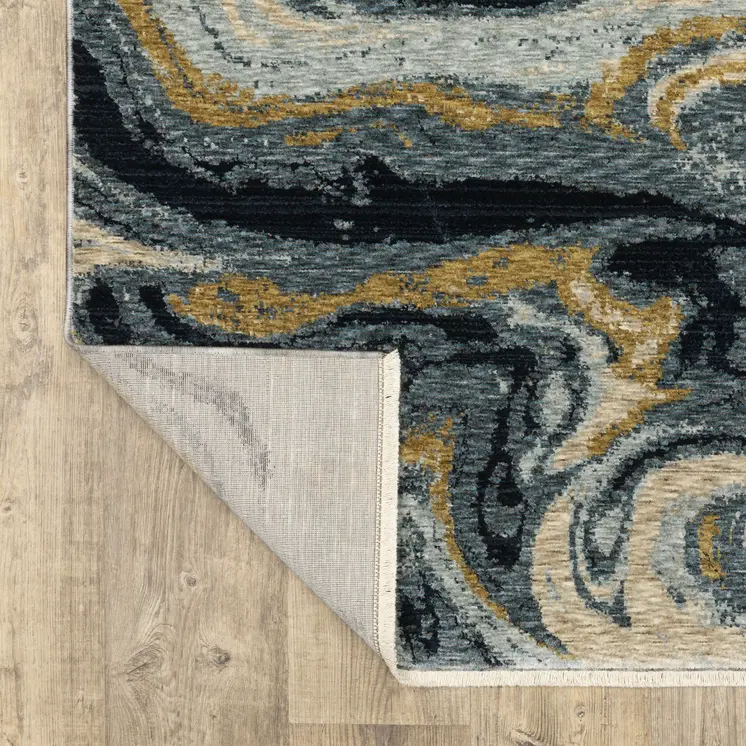 7' X 10' Navy Blue And Teal Abstract Area Rug With Fringe