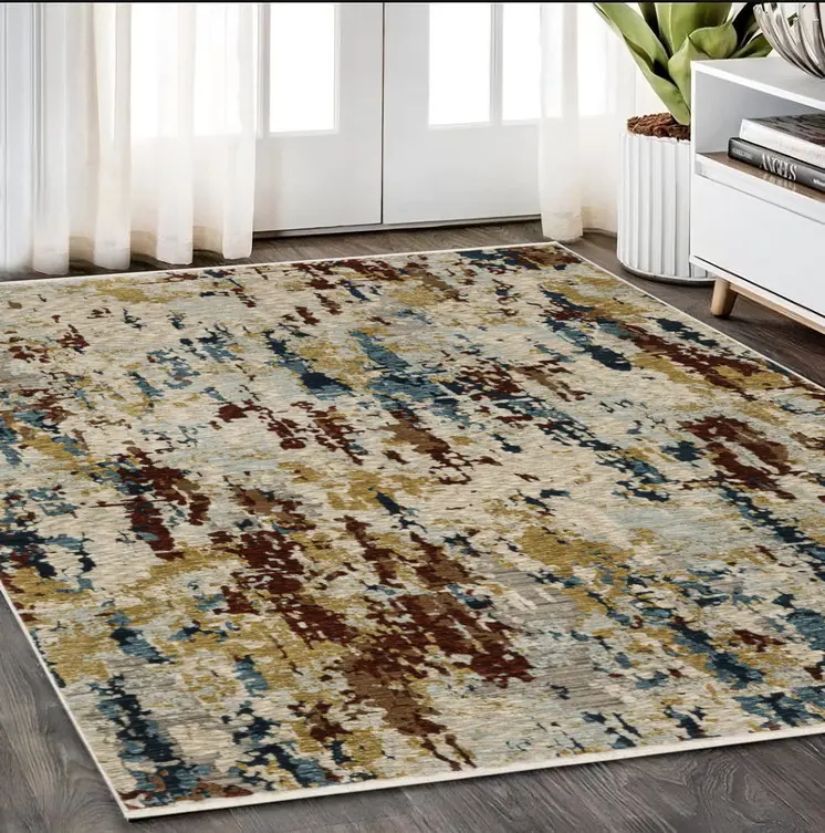 5' X 8' Beige Rust And Light Blue Abstract Distressed Area Rug With Fringe