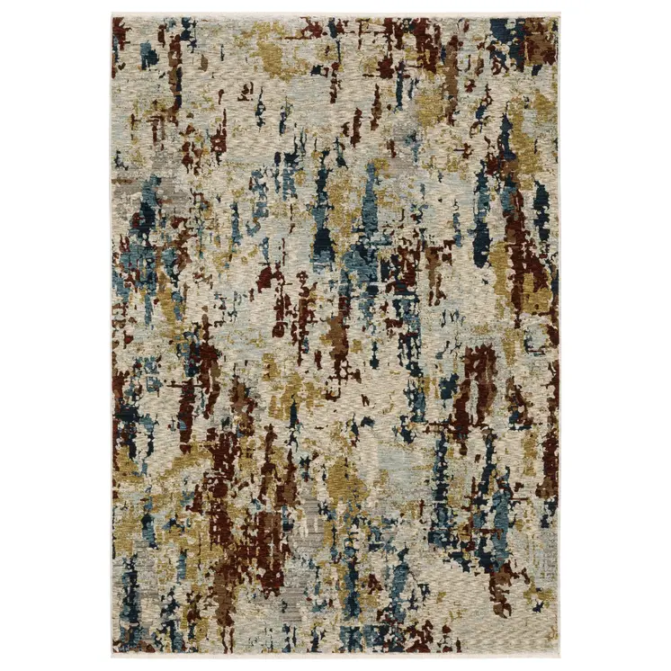 10' X 13' Beige Rust And Light Blue Abstract Distressed Area Rug With Fringe